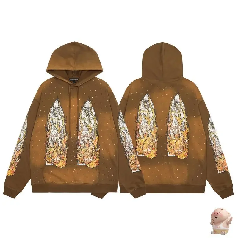 

New Fasion WHO DECIDES WAR Flame Glass Hoodie Men Women Best Quality Diamond Inlay Vintage Brown Gray Black Oversize Hooded