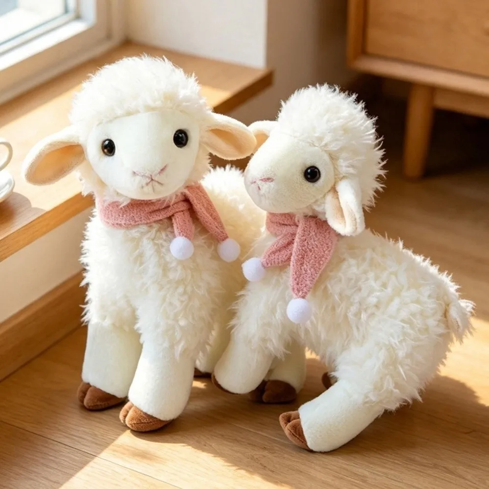 26cm 31cm Standing Sheep Plush Toy Pink Scarf Soft Curly Fur White Lamb Stuffed Doll White Pompom Standing Design