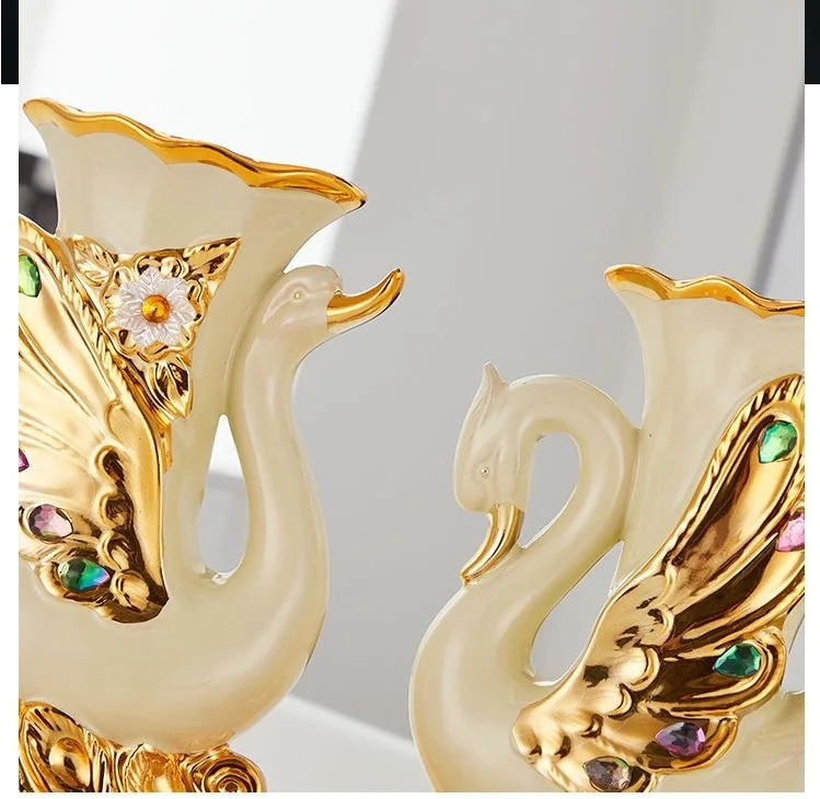 1pcs European Ceramic Gold Vase Arrangement Dining Table Home Decoration Accessories Creative Golden Swan Vases