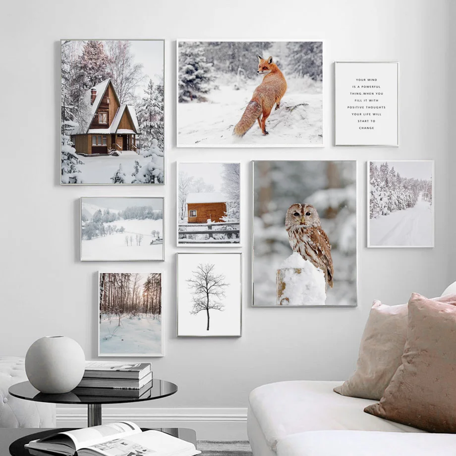 

Winter Scenery Wall Art Mural Fox Owl Snow Wooden House Canvas Painting Poster Print Pictures Living Room Home Decor Christmas