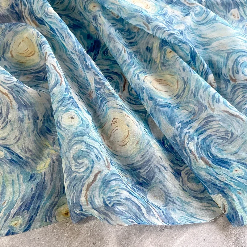 Blue Van Gogh Starry Sky Midnight Light Skin Sisi Printed Linen High End Dress Designer Fabric