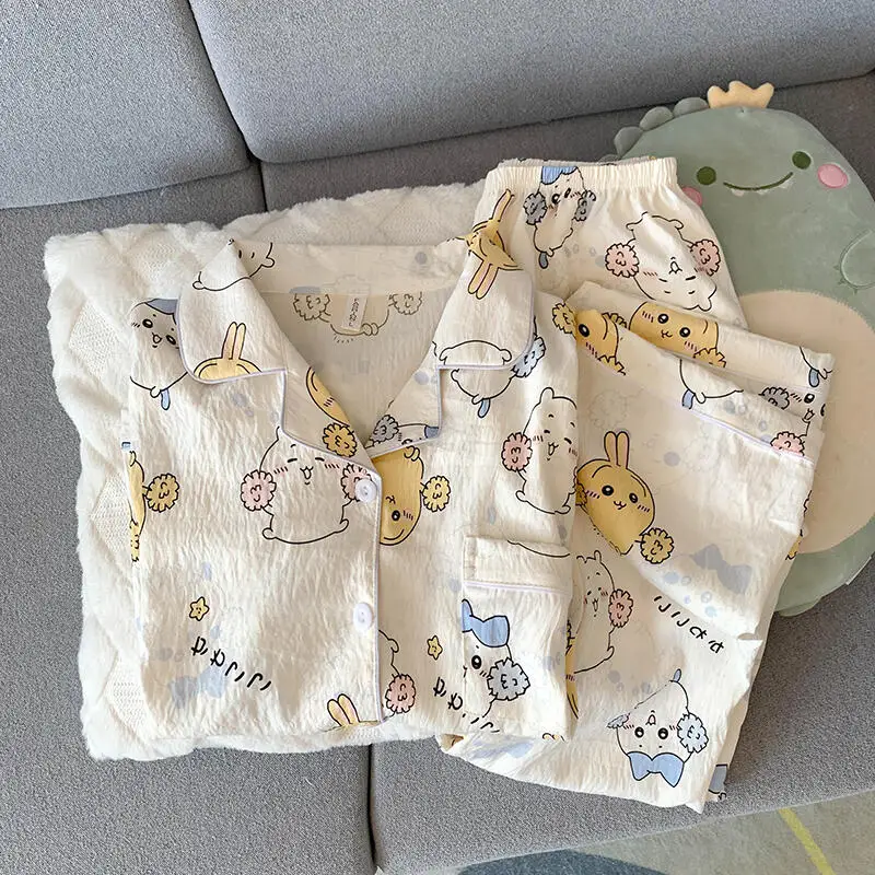 Anime Chiikawa Two Pieces Pajamas Set Girls Cotton Homewear Hachiware Home Clothes Usagi Ladies Pants and Top Pijamas Set Gift