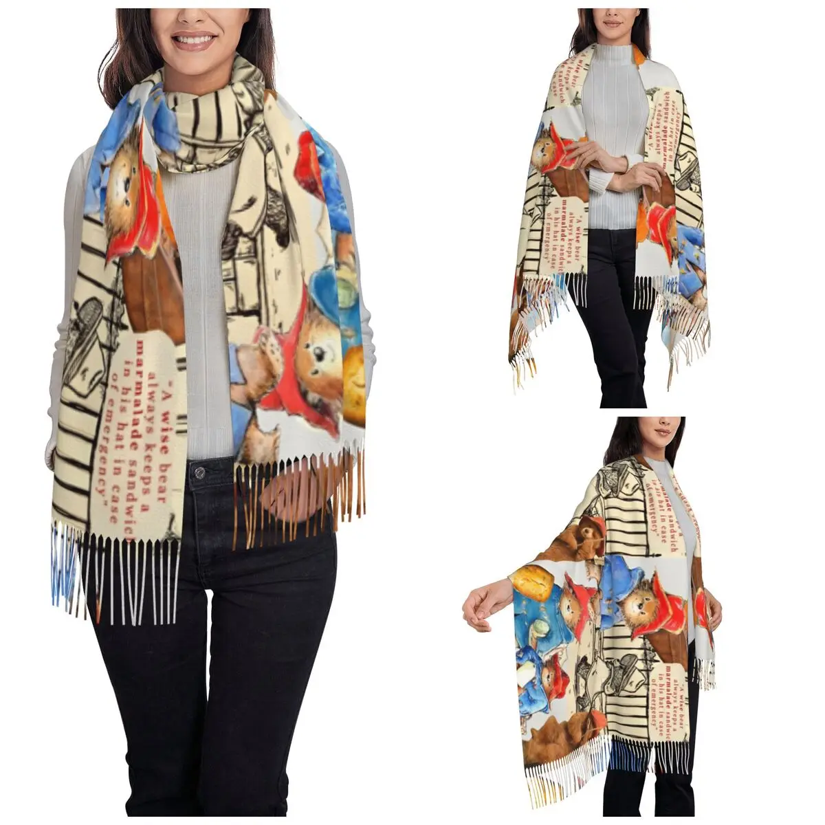 Womens Scarf with Tassel Britain Paddington Brown Bear Large Winter Fall Shawl Wrap Cute Movie Cartoon Gifts Cashmere Scarf