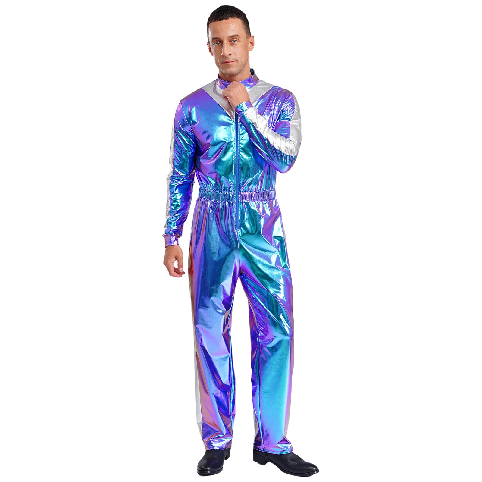 بدلة قفز رجالية لامعة لامعة بأكمام طويلة وخصر مرن وكتلة ألوان بذلة طويلة ملابس كاجوال عصرية ملابس الحفلات والنوادي #3