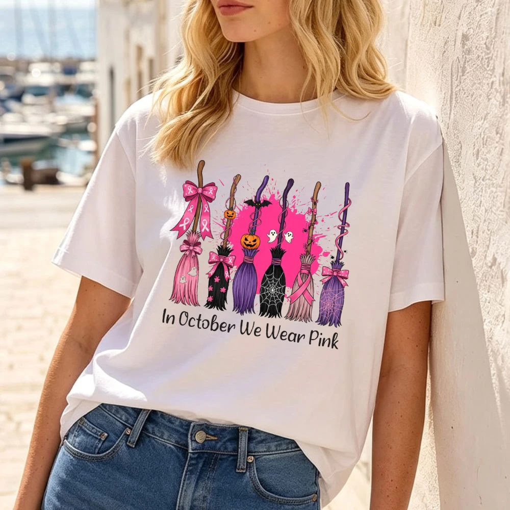 Pink Witch Broom Ribbon Art Women Graphic Tee Breast Cancer Awareness October Top Charity Walk Wear Casual T Shirt