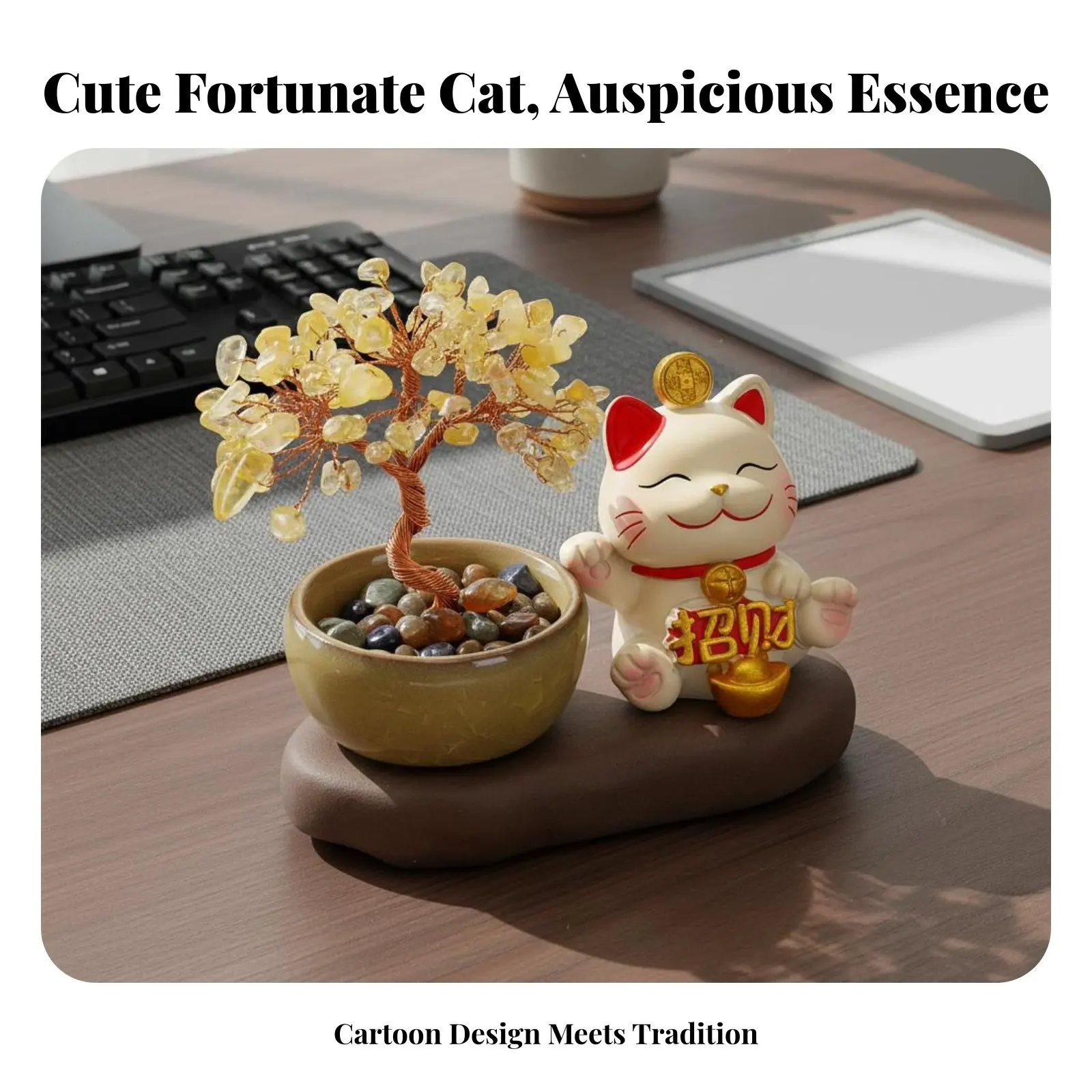 Fortunate Cat Crystal Tree Decoration Chinese Chic Design Beckoning Cat Wealth Tree Figurine Beckoning Cat Statue Good Luck view 4