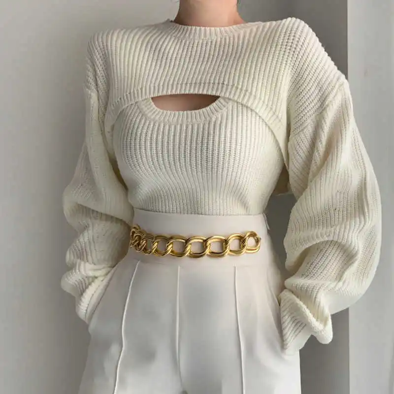 

Retro Style Knitted Sweater Women'S Autumn And Winter Slim Fit Vest Paired With Casual Outerwear Short Cover Two-Piece Set