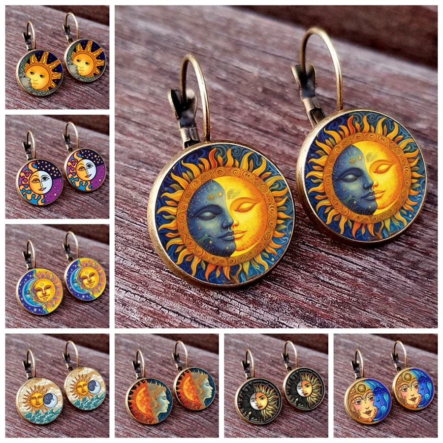 New Arrival Fashion Sun Moon Face Earrings Sun God Moon God Glass Cabochon Women\'s Earrings Jewelry Punk Art Earrings Gift