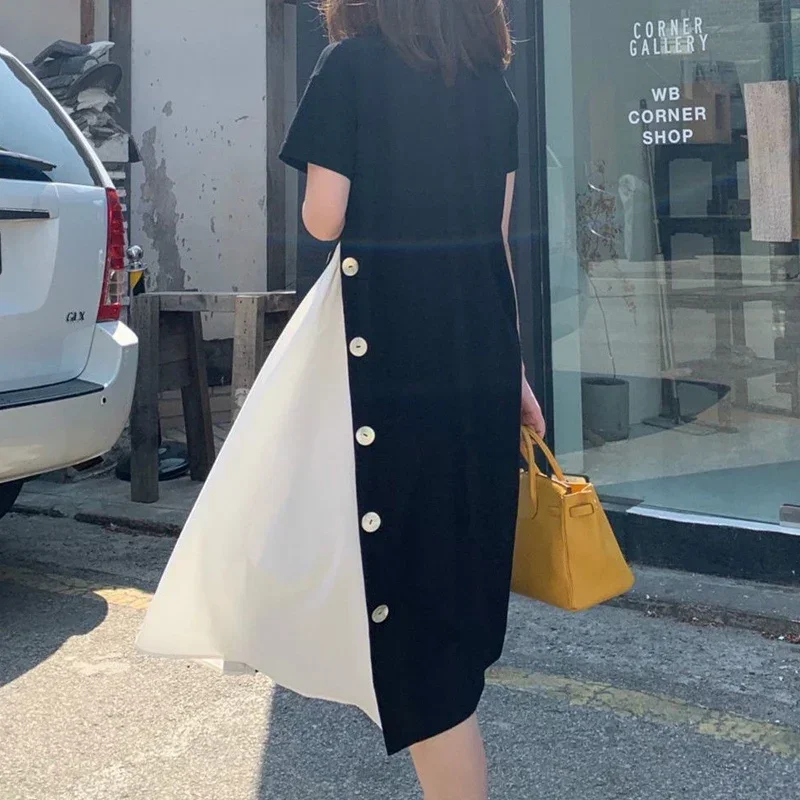 Robe d'été à manches courtes pour femmes, faux vêtements deux pièces, t-shirt à boutons, style coréen, document d'abonnés, patchwork