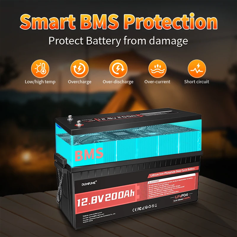 Dumfume 12.8V 200Ah LiFePO4 بطارية ليثيوم 2560Wh سعة مدمجة 200A BMS لتخزين الطاقة الشمسية المنزل احتياطية خارج الشبكة RV