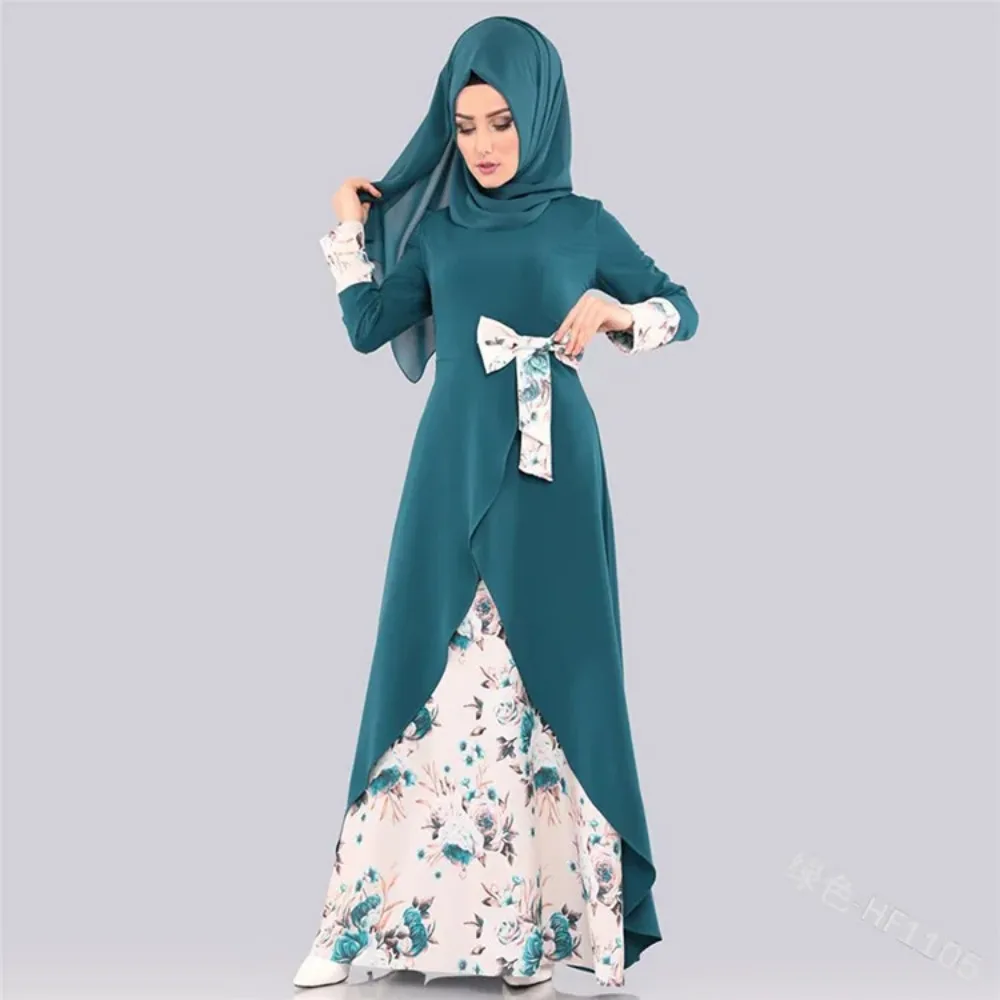 Women Muslim Fashion Dress New  Bow Fashion Print Long Sleeve Round Neck Slim Maxi Dresses for Women