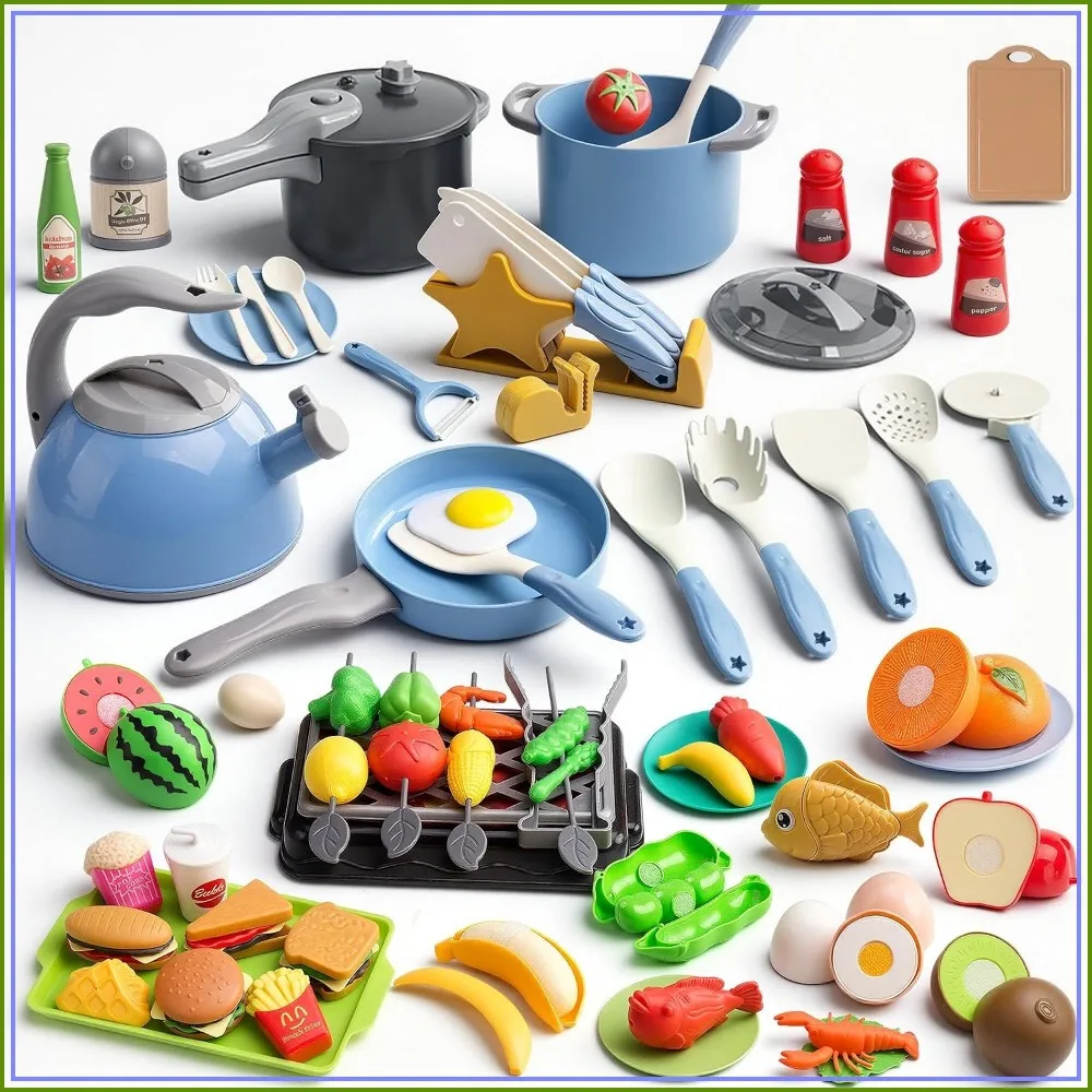 

105Pcs Pretend BBQ Camping Cooking Playset, Play Pots, Pans, Utensils, Play Food Set, Vegetables, Gift for Girls Boys