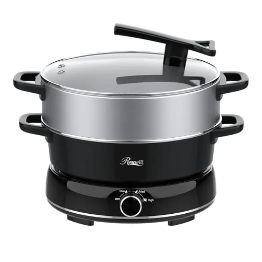 

12.7 QT Electric Hot Pot Slow Cooker with Multiple Functions Split Design 11.8 inch Wider Cooking Pot SUS Steam Basket 1600W Hi