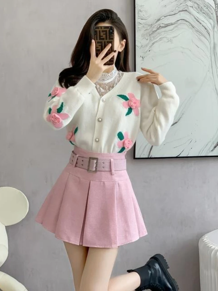 

Вязаный кардиган, маленькая плиссированная короткая юбка в ароматном стиле, женская профессиональная одежда, элегантный комплект из двух предметов в стиле богини