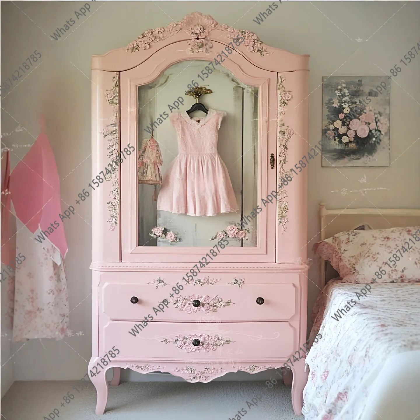 French carved solid wood wardrobe pink princess American country hand-painted wardrobe storage bedroom storage cabinet