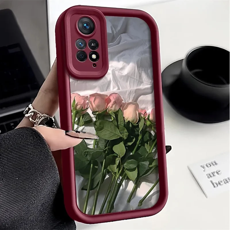 Rose Flower Silicone Case For Xiaomi Redmi Note 11 11S 10 10S 9 8 7 Pro Plus 4G 5G Coque Camera Lens Portector Cover