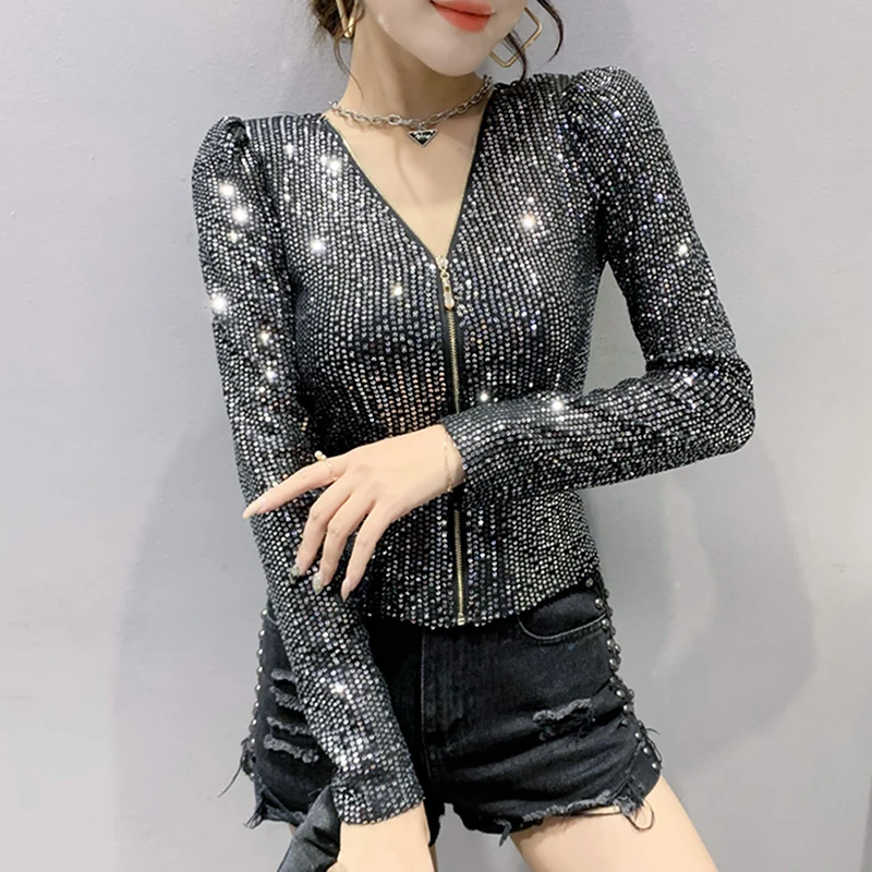 

Ele Женский кардиган с высокой талией для ночного клуба Sle iny с блестками и длинным светом на молнии, модная осенняя одежда