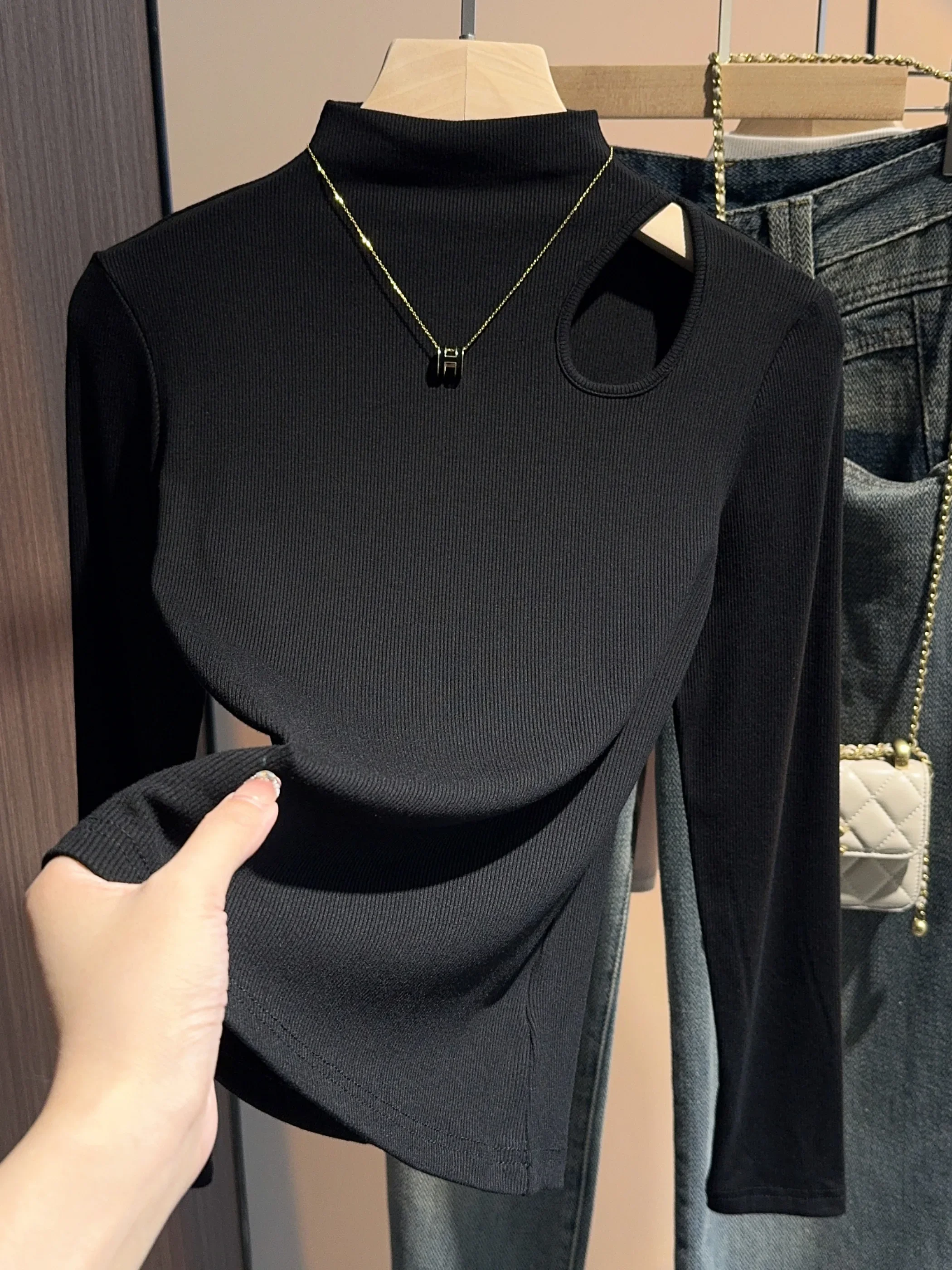 2025 Spring New Women's Stand Collar Ribbed Long Sleeve T-Shirt Hollow Out Sexy Layered Tops Casual Lace Cami Blouse Party Wear