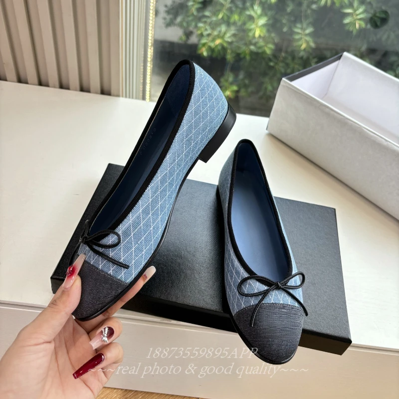 أحذية جلدية نسائية جديدة للربيع والصيف ذات طبقة واحدة مقترنة مع أحذية باليه مسطحة بفيونكة