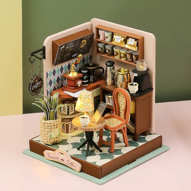 Zestaw do samodzielnego montażu mini domek dla lalek w kształcie kawiarni, ręcznie robione puzzle 3D, model budynku do składania, drewniana zabawka do montażu dla dzieci, prezent na Boże Narodzenie.