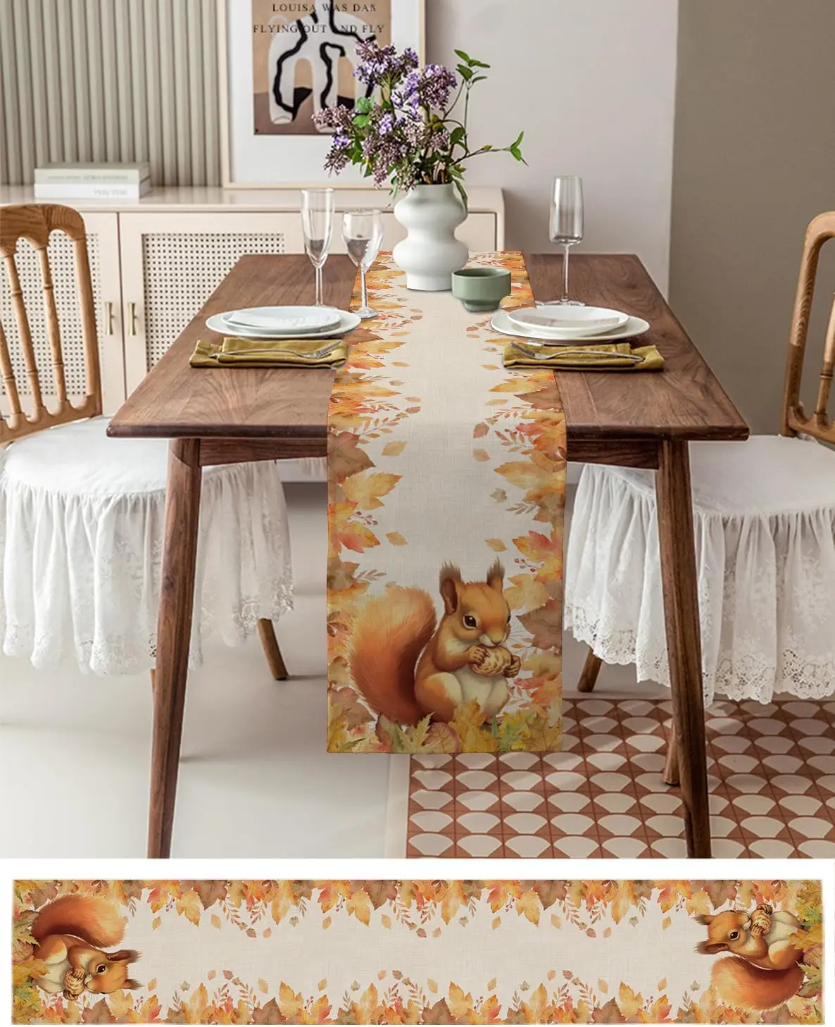 Thanksgiving Squirrel Maple Leaf Fall Linen Table Runner Seasonal Dresser Scarf Table Decor Farmhouse Wedding Dining Party Decor