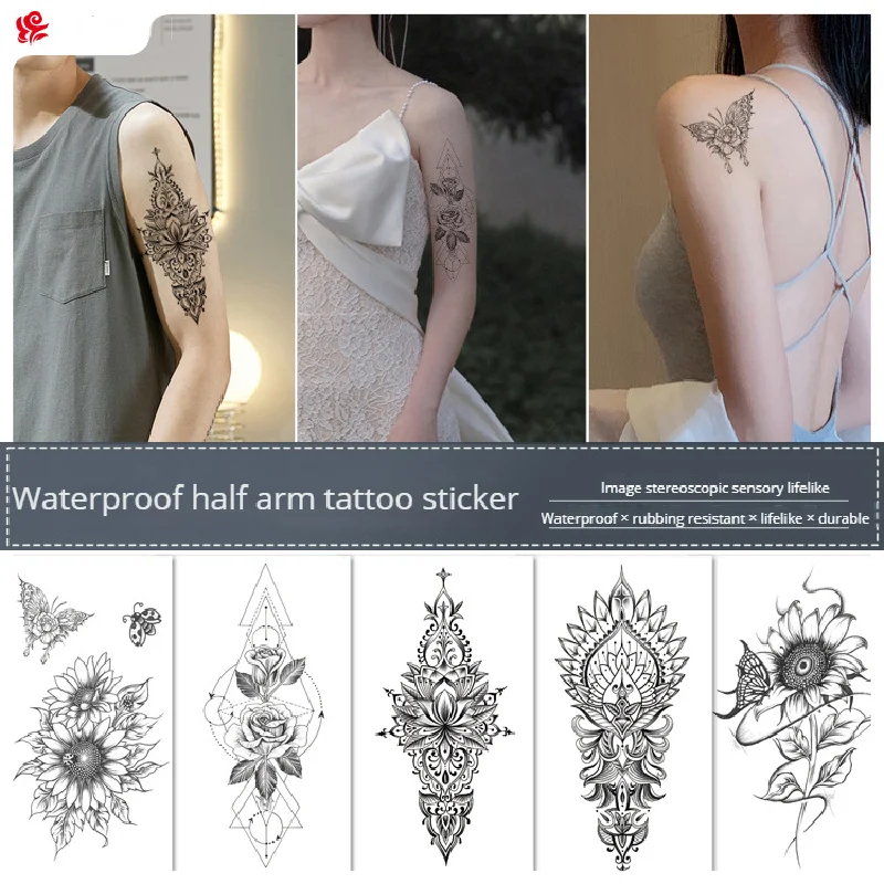 

210 * 114mm Half Arm Forearm Black And White Flower Series Tattoo Stickers Half Handmade Semi Mechanical Temporary Tattoos Sale