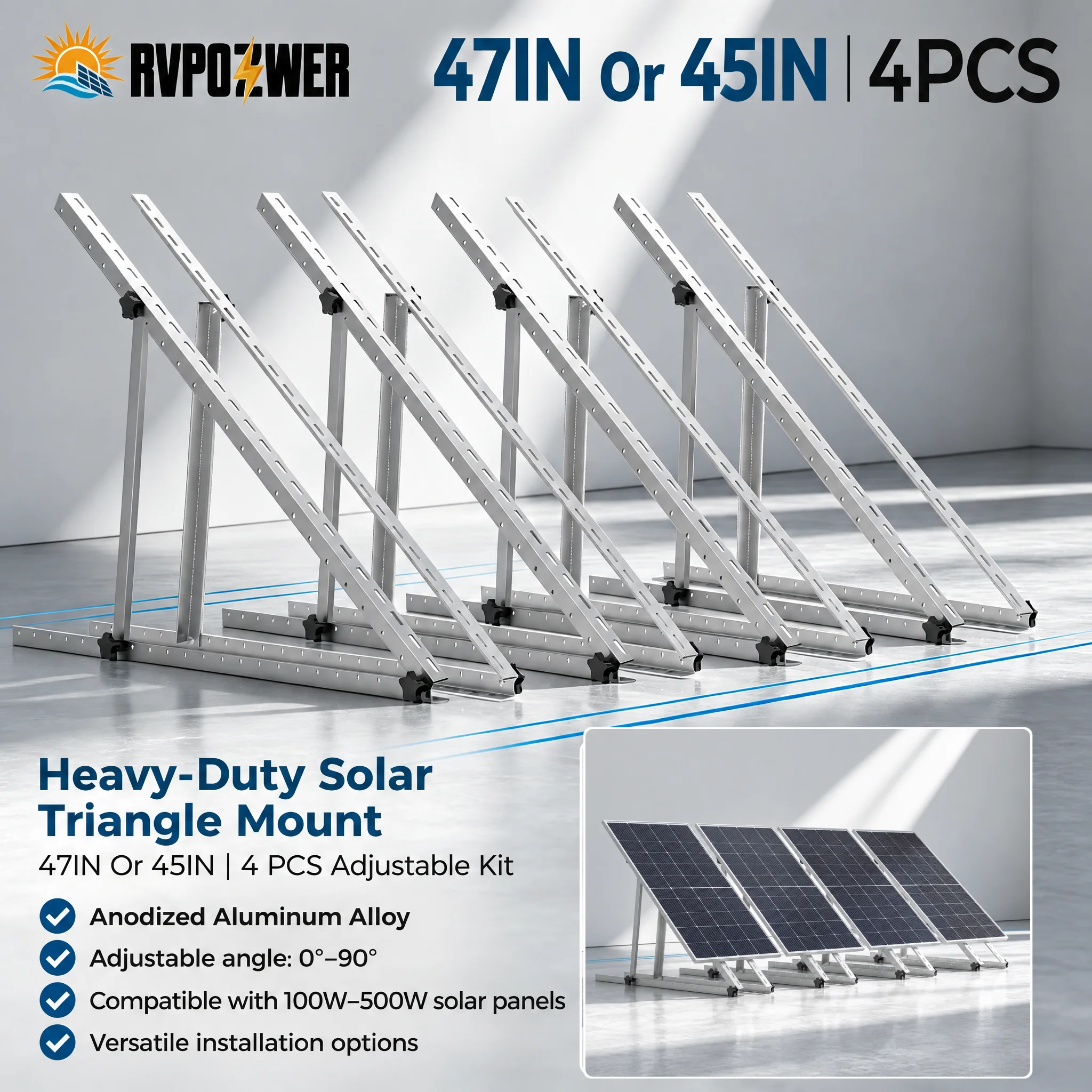 RVPOZWER 47/45in Adjustable Solar Panel Mount Bracket Heavy‑Duty Tilt Legs Stand 1/2/4 Sets for Roof RV Caravan Boat