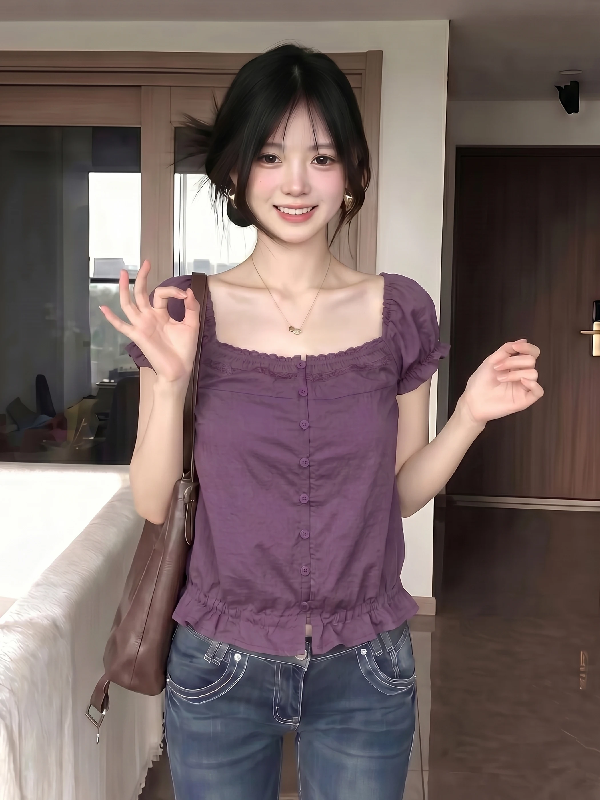 

Casual Style Slim Fit Short Sleeve Shirt with Wood Grain Waist Cinching Bubble Sleeve Square Collar Soft Purple Women's Top