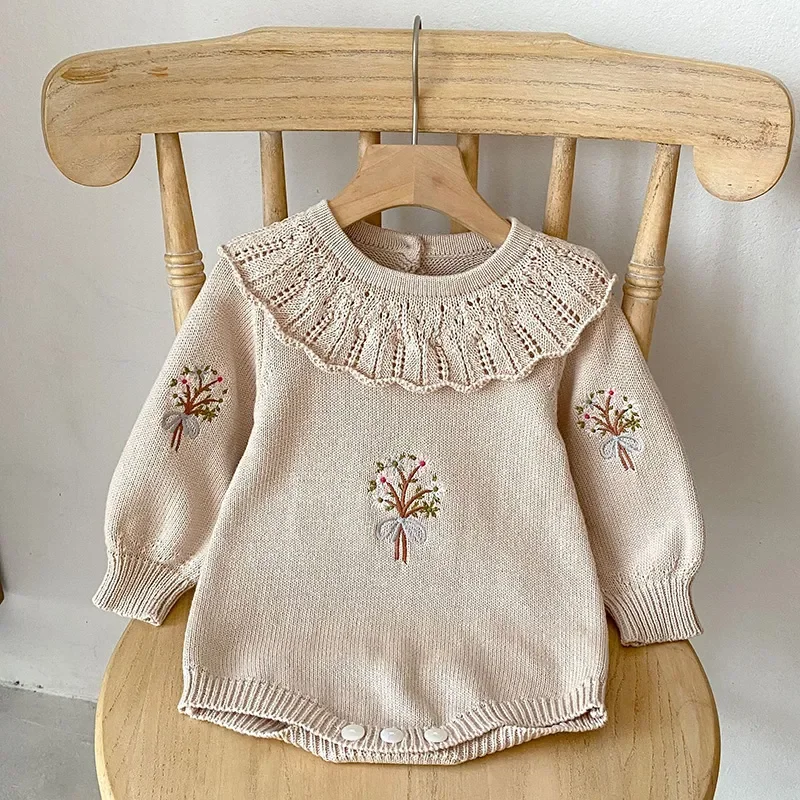 2023 Autumn Baby Girls Clothes Bodysuit Toddler Fine Knit One Piece Embroidery Baby Sweater Jumpsuit