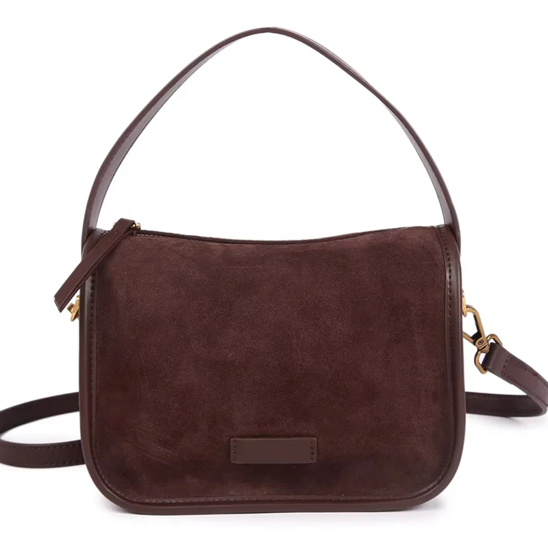 Suede Cowhide Fashion Ladies Shoulder Cross Coffe Bag Genuine Leather Luxury Designer Women's Brown Handbag Female Crossbody Bag