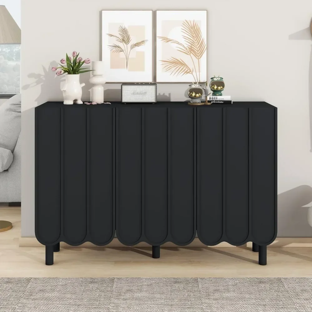 

Modern wooden buffet sideboard with 3 wavy doors, storage cabinet with adjustable shelves for living room, dining room, kitchen
