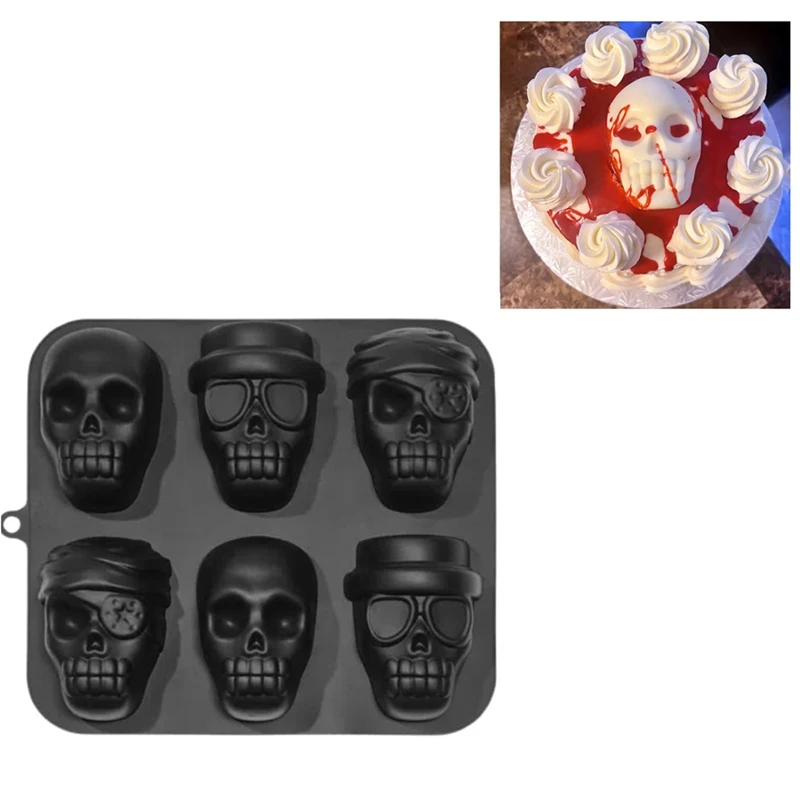 Halloween Skull Cake Pan Silicone Mould 2024 New 6 Cavities Pirate Skull 3D Silicone Mould Baking Pan Skull Baking Pan Promotion