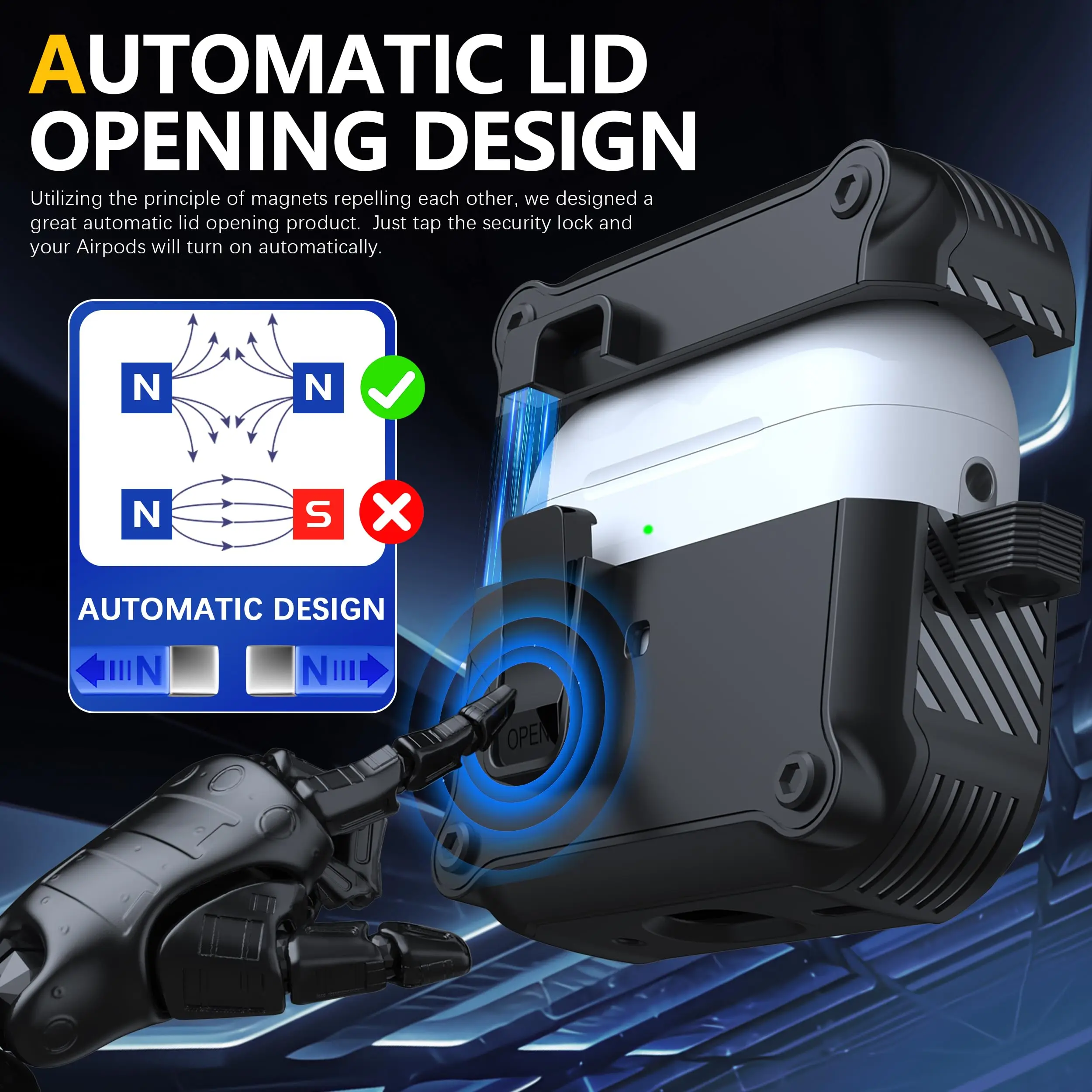 새로운 [4 in 1] 에어팟 프로 3 케이스 자동 팝업 보안 잠금 클립 풀 프로텍티브 케이스 에어팟 4 및 에어팟 프로 3 이어버드용