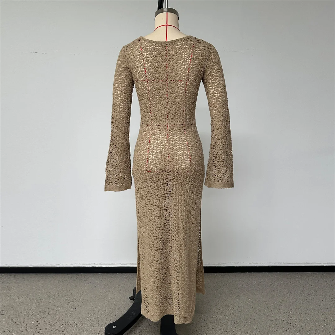 Ausgeschnittenes, langärmliges, hochgeschlitztes, gehäkeltes, gestricktes Tunika-Strandkleid, Strandkleid, Strandmode, Damen V8512 – Detail 23