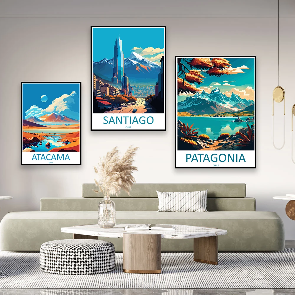 

Patagonia Travel Poster Atacama Desert Print Chile City Santiago Wall Art Cartoon Scenery Landscape Canvas Painting Office Decor