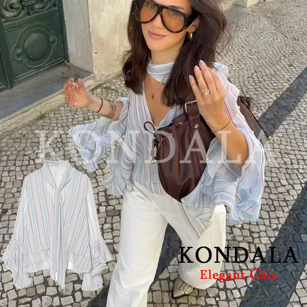 

KONDALA Women Holiday Trendy See-through Shirts Striped Ruffled Long Butterfly Sleeve Shirts 2026 Summer Elegant Beach Shirt