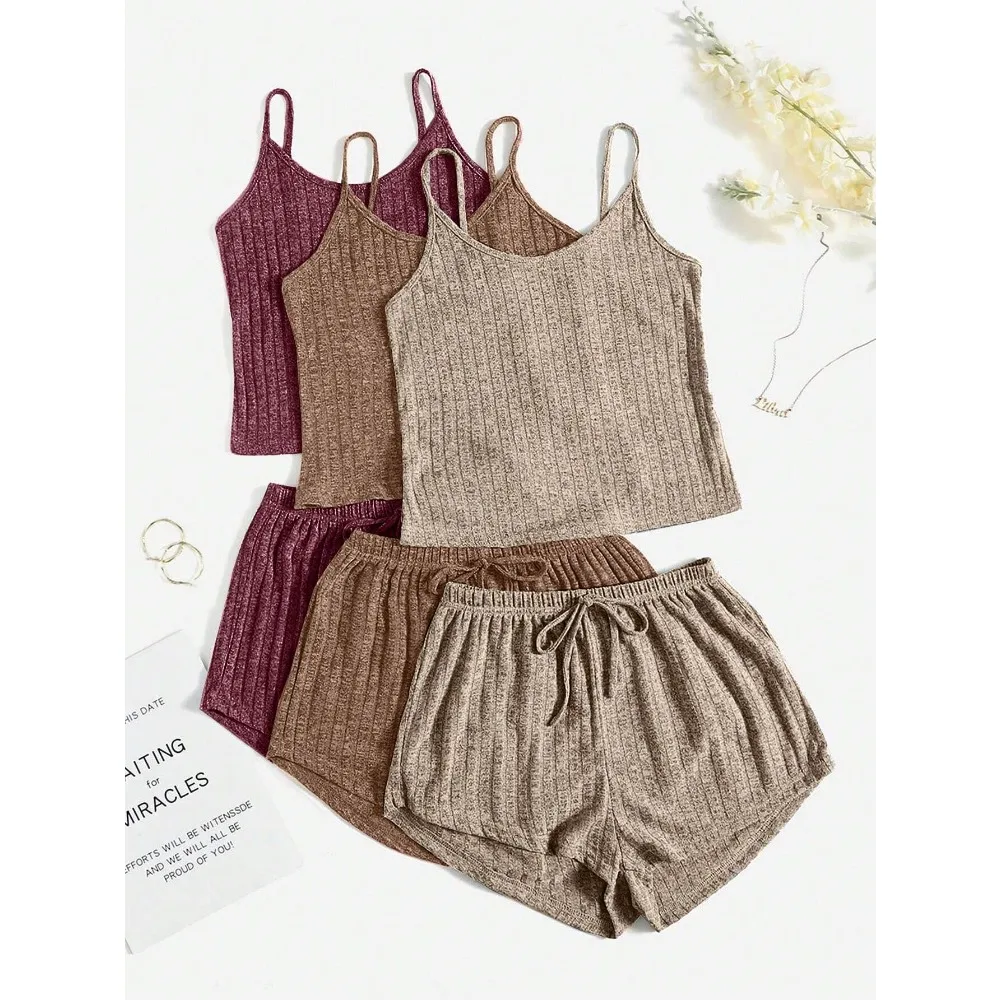 3pcs Solid Color Ribbed Knit Camisole Top And Tie Waist Shorts Pajama Set