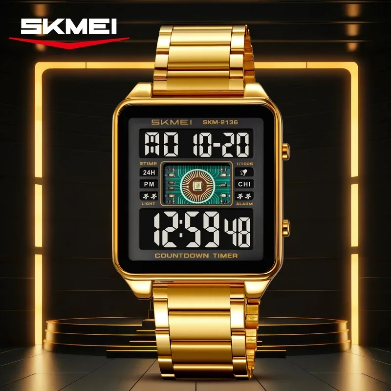 SKMEI 2136 Stainless Steel Countdown Stopwatch Wristwatch Fashion Electronic Movement Clock lighting Stylish Mens Digital Watch