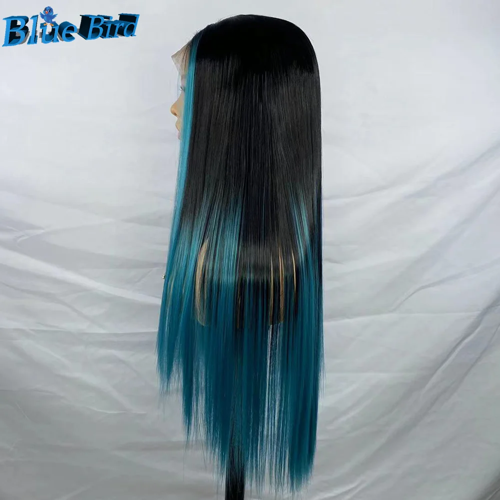 BlueBird-Peluca de cabello sintético para mujer, pelo largo 1b/azul Balayage 13x4, sin pegamento, con frente de encaje, liso y sedoso, resistente al calor