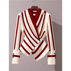 Autumn High-end Luxury Long Sleeve Blouse Korean Femme Fashion V-neck Striped Shirts Women Clothing Fashionable Irregular Tops