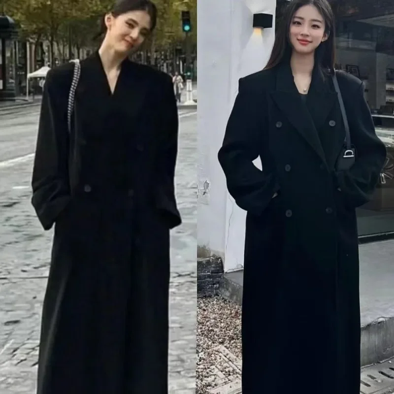 Women's Woolen Coat Fashion Warm .The Same Style Hourglass Coat Korean-style Black Suit Waist-cinching Double-sided Woolen Coat