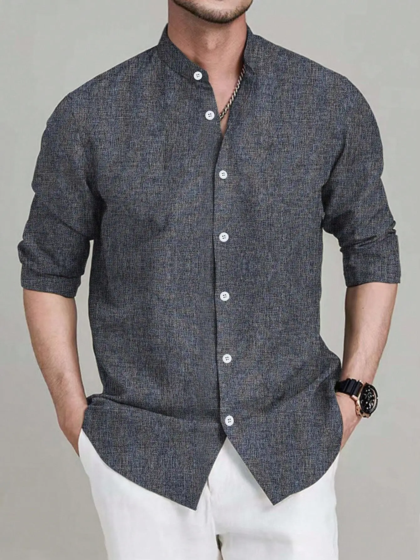 

Men's Loose Fit Solid Color Button-Up Shirt with Mandarin Collar, Casual Long Sleeve