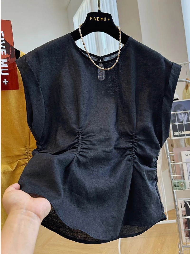 

Elegant Pure Color Sleeveless Shirt Women's High Waist Pleated Slim Fit Casual Shirt Commute Style Loose Fit round Neck
