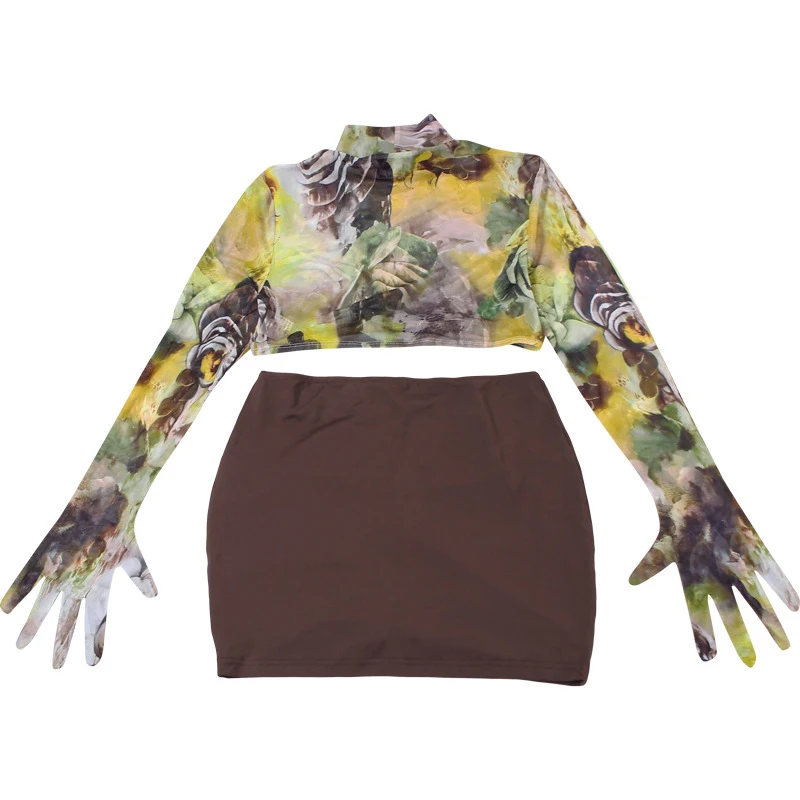 BKLD High Street Club Sexy Matching Two-pieces Outfit Printed Mesh Half High Neck Long Sleeved Connecting Gloves Crop Top+Skirts