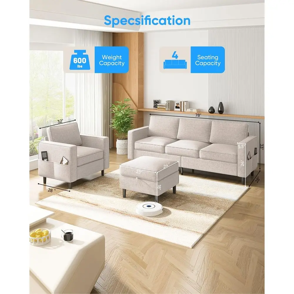 طقم أريكة غرفة المعيشة مكون من قطعتين، أريكة بثلاثة مقاعد مع مسند تخزين وكرسي بذراعين، أريكة مقطعية على شكل حرف L من قماش الكتان مع فردي