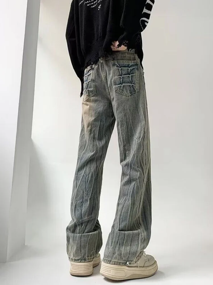 

Cleanfit Men's Denim Jeans Lightning Crack Pattern Straight Leg Trousers Yellow Earth Color American High Street Winter Fashion