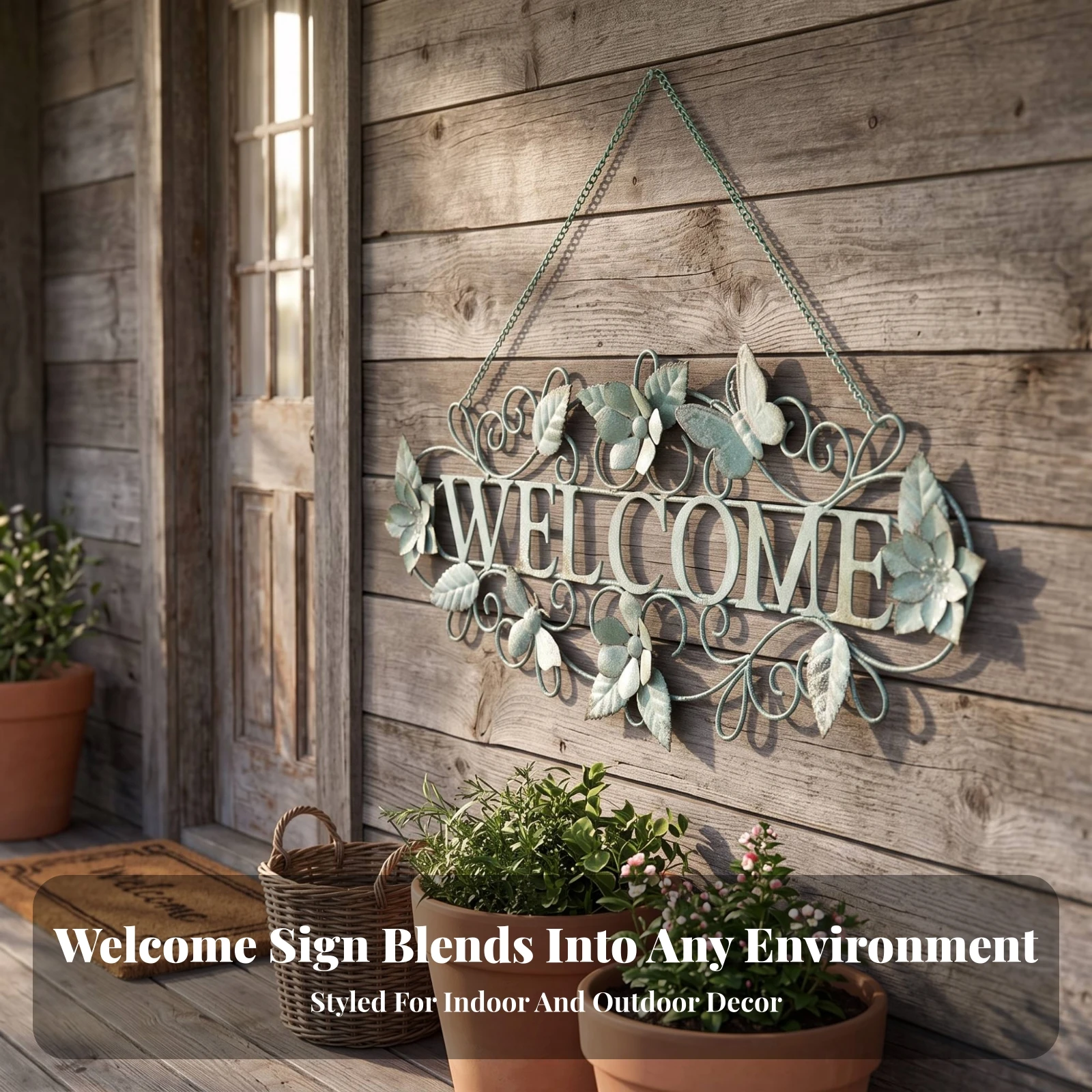 Welcome Sign with Chain Indoor Hanging Welcome Plaque Metal Wall Plaque with Chain Rustic Wall Decor Sign Distressed