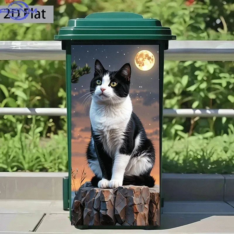 2D 1PCTrash Can Sticker, Moonlit Night Black and White Cat Shadow Themed Design, Self-Adhesive Wall Decal Wallpaper, Kitchen T