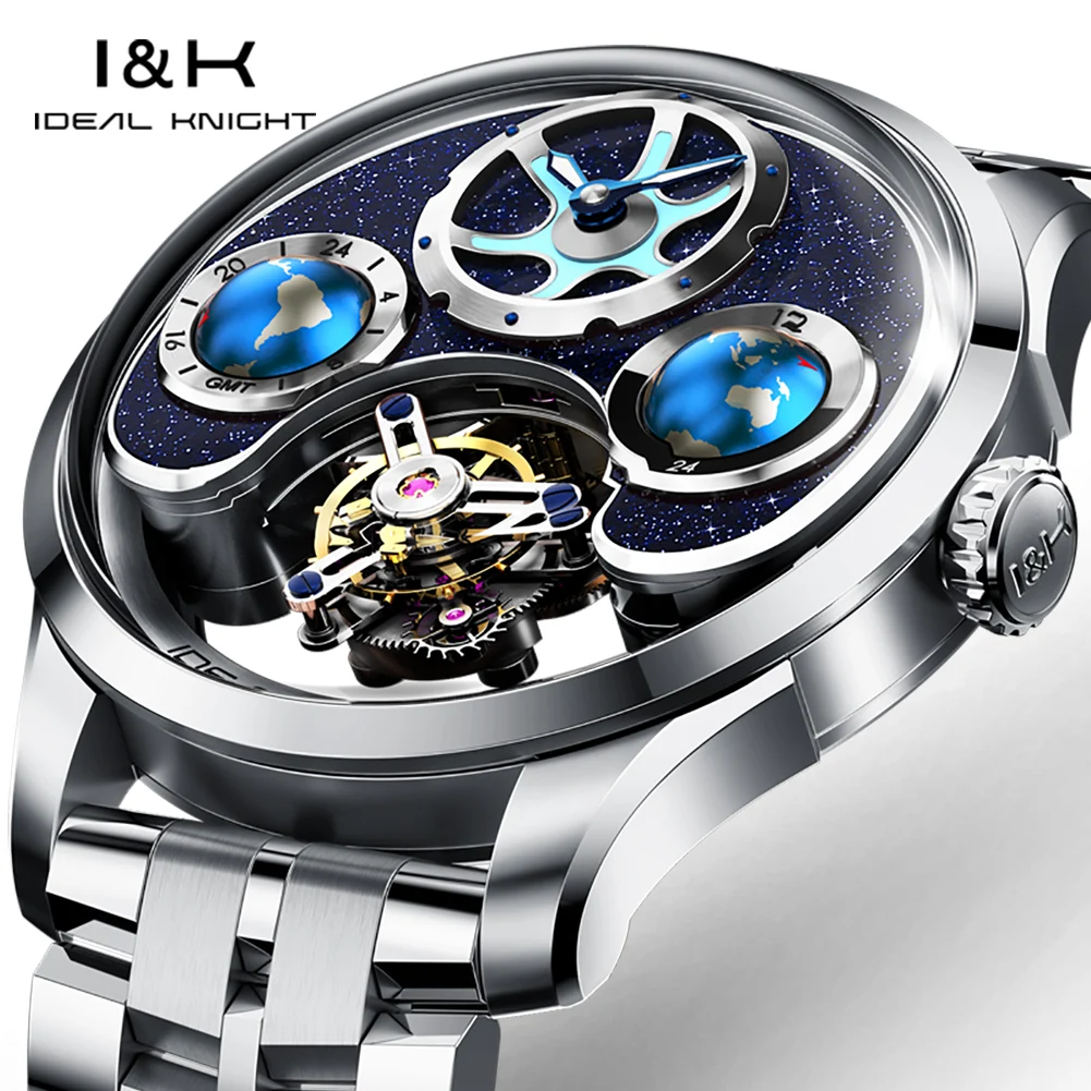 IDEAL KNIGHT 6805 Man Watch Blue Earth Dial Hollow Automatic Mechanical Watches For Man Waterproof Tourbillon Men's Wristwatches