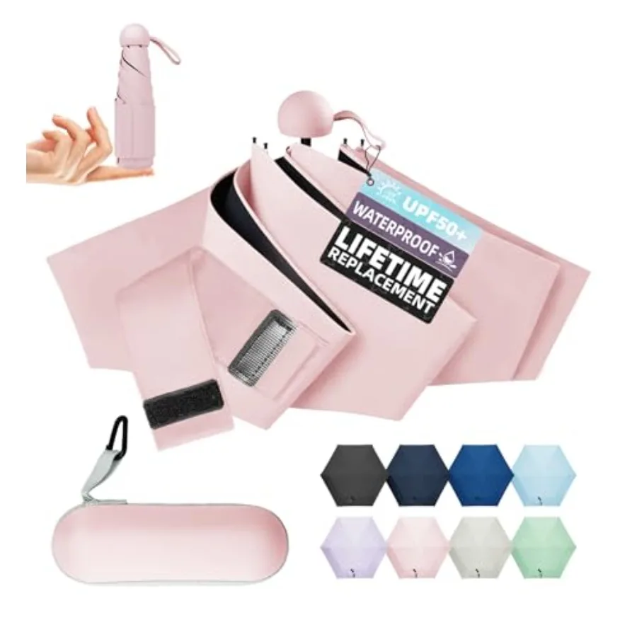 

Travel Mini Umbrella Compact Small and Lightweight, UV Rain Protection, Pocket-Sized Folding Umbrellas with Quickdraw and Case